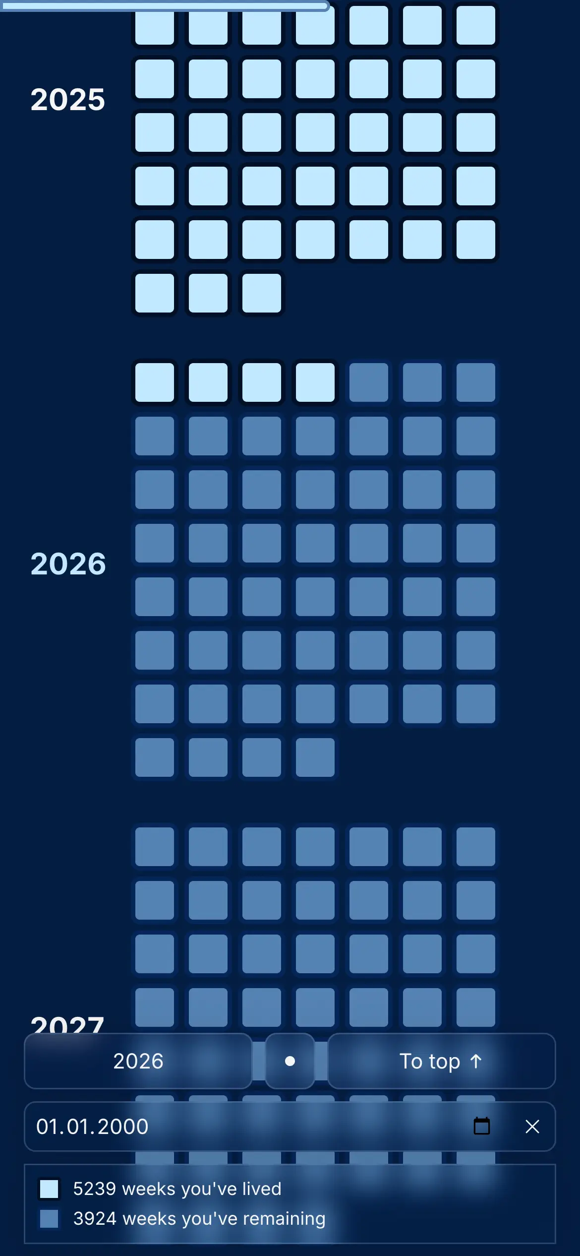 DotCalendar app screenshot showing 100-year life calendar visualization